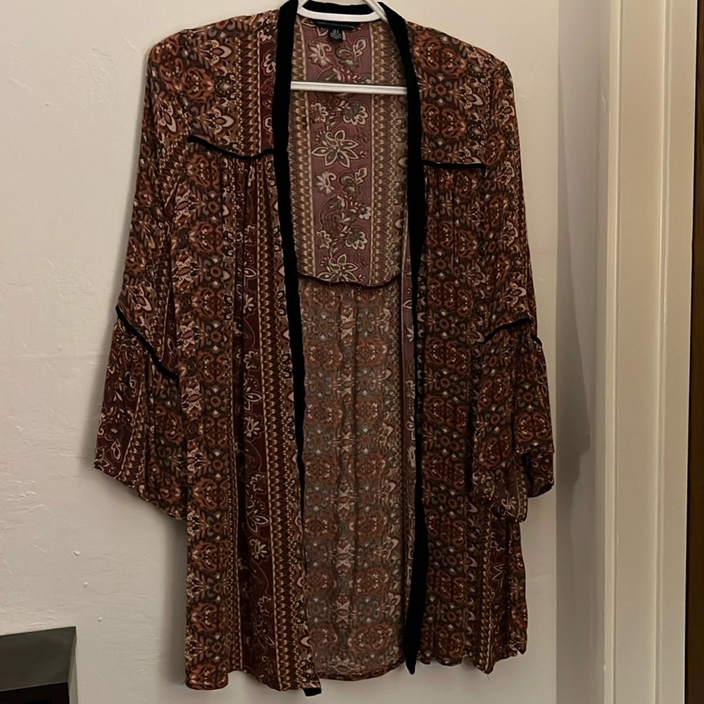AE Boho Half Bell Sleeve Velvet Trim Flowy Cardigan